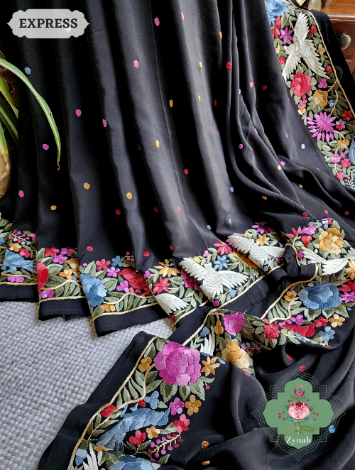 Zynah Made to Order Black Pure Crepe Silk Hand Embroidered Parsi Gara Saree, Authentic Vintage Art, Heirloom Piece; Custom Stitched/Ready-made Blouse, Fall, Petticoat; SKU: 2302202307