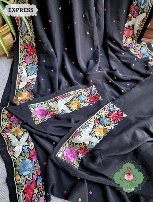 Zynah Made to Order Black Pure Crepe Silk Hand Embroidered Parsi Gara Saree, Authentic Vintage Art, Heirloom Piece; Custom Stitched/Ready-made Blouse, Fall, Petticoat; SKU: 2302202307
