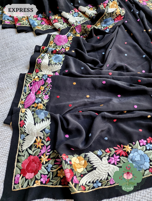 Zynah Made to Order Black Pure Crepe Silk Hand Embroidered Parsi Gara Saree, Authentic Vintage Art, Heirloom Piece; Custom Stitched/Ready-made Blouse, Fall, Petticoat; SKU: 2302202307