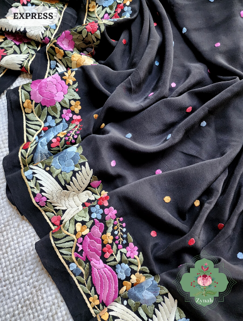 Zynah Made to Order Black Pure Crepe Silk Hand Embroidered Parsi Gara Saree, Authentic Vintage Art, Heirloom Piece; Custom Stitched/Ready-made Blouse, Fall, Petticoat; SKU: 2302202307
