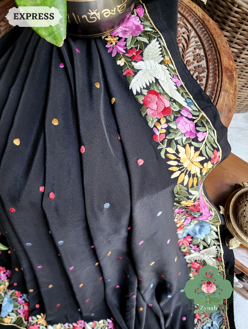 Zynah Made to Order Black Pure Crepe Silk Hand Embroidered Parsi Gara Saree, Authentic Vintage Art, Heirloom Piece; Custom Stitched/Ready-made Blouse, Fall, Petticoat; SKU: 2302202307