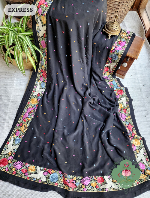 Zynah Made to Order Black Pure Crepe Silk Hand Embroidered Parsi Gara Saree, Authentic Vintage Art, Heirloom Piece; Custom Stitched/Ready-made Blouse, Fall, Petticoat; SKU: 2302202307