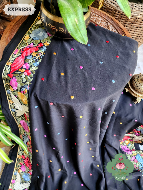 Zynah Made to Order Black Pure Crepe Silk Hand Embroidered Parsi Gara Saree, Authentic Vintage Art, Heirloom Piece; Custom Stitched/Ready-made Blouse, Fall, Petticoat; SKU: 2302202307