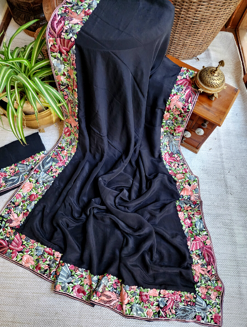 Zynah Made to Order Black Pure Crepe Silk Hand Embroidered Parsi Gara Saree, Authentic Vintage Art, Heirloom Piece; Custom Stitched/Ready-made Blouse, Fall, Petticoat; SKU: 2302202307