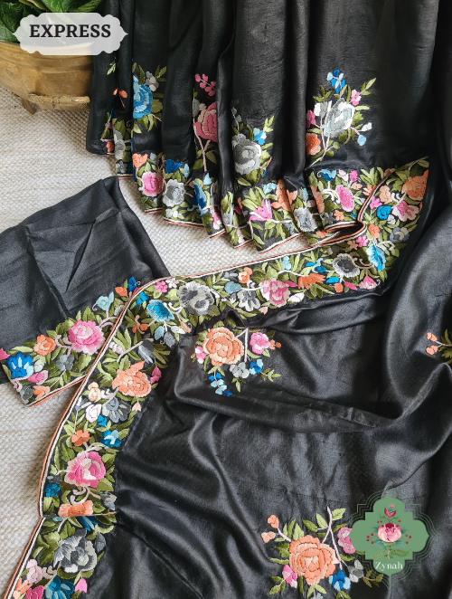 Black Tussar Silk Parsi Gara Hand Embroidered Saree with intricate embroidery showcasing the iconic Parsi Gara work.