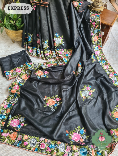 Zynah Made To Order Black Pure Tussar Silk Parsi Gara Hand Embroidered Saree; Custom Stitched/Ready-made Blouse, Fall, Petticoat; SKU: 0404202302
