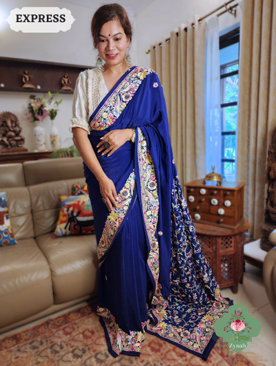 Zynah Navy Blue Pure Crepe Silk Hand Embroidered Parsi Gara Saree, Authentic Vintage Art, Heirloom Piece; Custom Stitched/Ready-made Blouse, Fall, Petticoat; SKU: 2302202305
