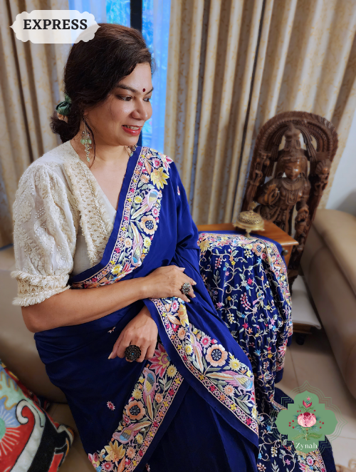 Zynah Navy Blue Pure Crepe Silk Hand Embroidered Parsi Gara Saree, Authentic Vintage Art, Heirloom Piece; Custom Stitched/Ready-made Blouse, Fall, Petticoat; SKU: 2302202305