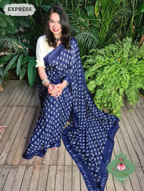 Zynah Blue Wrinkle Crepe Silk Saree with Bandhani Inspired Prints & Mirror Work Scalloped Borders; Custom Stitched/Ready-made Blouse, Fall, Petticoat; SKU: 0202202301