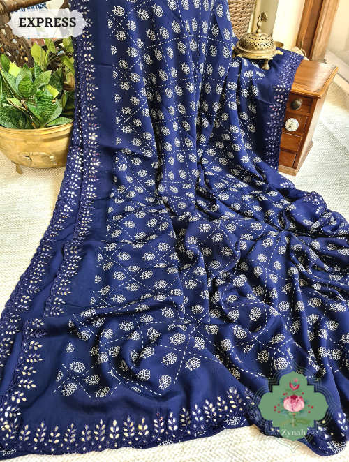 Zynah Blue Wrinkle Crepe Silk Saree with Bandhani Inspired Prints & Mirror Work Scalloped Borders; Custom Stitched/Ready-made Blouse, Fall, Petticoat; SKU: 0202202301