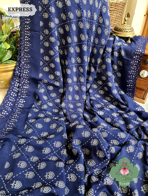 Zynah Blue Wrinkle Crepe Silk Saree with Bandhani Inspired Prints & Mirror Work Scalloped Borders; Custom Stitched/Ready-made Blouse, Fall, Petticoat; SKU: 0202202301