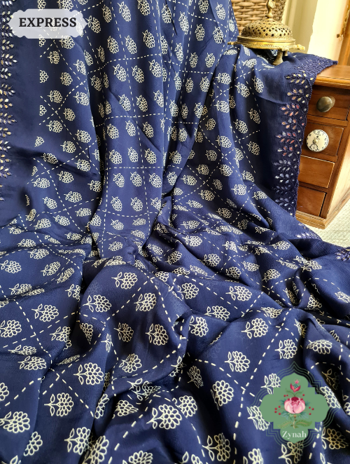 Zynah Blue Wrinkle Crepe Silk Saree with Bandhani Inspired Prints & Mirror Work Scalloped Borders; Custom Stitched/Ready-made Blouse, Fall, Petticoat; SKU: 0202202301