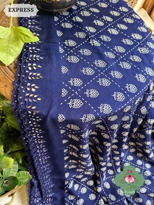 Zynah Blue Wrinkle Crepe Silk Saree with Bandhani Inspired Prints & Mirror Work Scalloped Borders; Custom Stitched/Ready-made Blouse, Fall, Petticoat; SKU: 0202202301