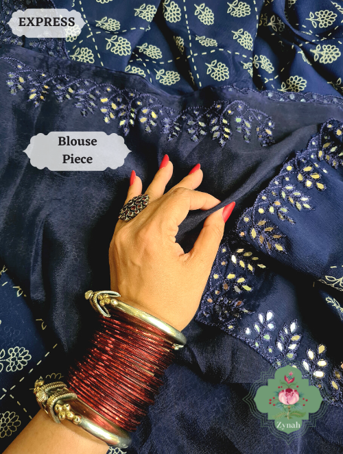 Zynah Blue Wrinkle Crepe Silk Saree with Bandhani Inspired Prints & Mirror Work Scalloped Borders; Custom Stitched/Ready-made Blouse, Fall, Petticoat; SKU: 0202202301