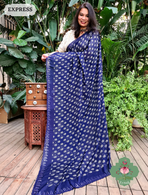 Zynah Blue Wrinkle Crepe Silk Saree with Bandhani Inspired Prints & Mirror Work Scalloped Borders; Custom Stitched/Ready-made Blouse, Fall, Petticoat; SKU: 0202202301 Zynah Blue Wrinkle Crepe Silk Saree with Bandhani Inspired Prints & Mirror Work Scalloped Borders; Custom Stitched/Ready-made Blouse, Fall, Petticoat; SKU: 0202202301
