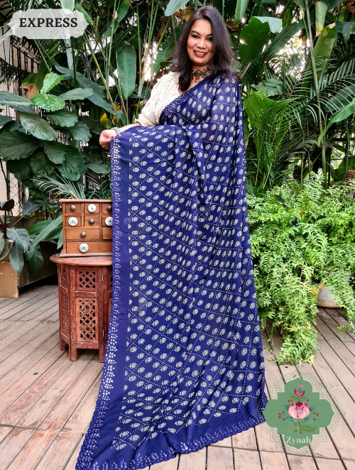 Zynah Blue Wrinkle Crepe Silk Saree with Bandhani Inspired Prints & Mirror Work Scalloped Borders; Custom Stitched/Ready-made Blouse, Fall, Petticoat; SKU: 0202202301