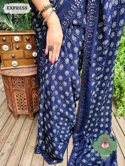Zynah Blue Wrinkle Crepe Silk Saree with Bandhani Inspired Prints & Mirror Work Scalloped Borders; Custom Stitched/Ready-made Blouse, Fall, Petticoat; SKU: 0202202301