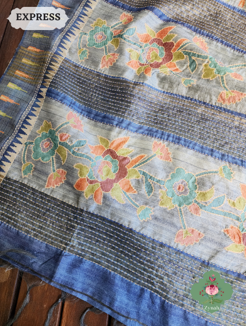 Zynah Beige/Blue Jute Linen Saree With Kantha Work; Custom Stitched/Ready-made Blouse, Fall, Petticoat; SKU: 1104202301