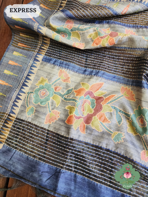 Zynah Beige/Blue Jute Linen Saree With Kantha Work; Custom Stitched/Ready-made Blouse, Fall, Petticoat; SKU: 1104202301