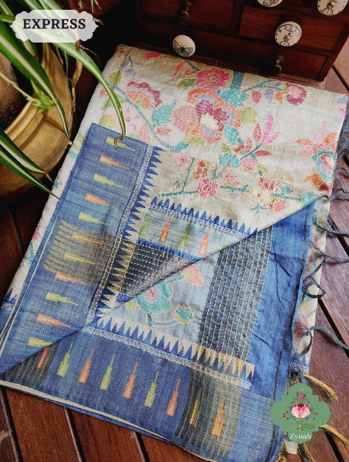 Zynah Beige/Blue Jute Linen Saree With Kantha Work; Custom Stitched/Ready-made Blouse, Fall, Petticoat; SKU: 1104202301