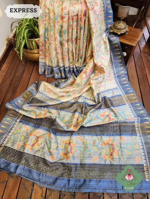 Beige/Blue Jute Linen Saree with Kantha Work, Perfect for any occasion!