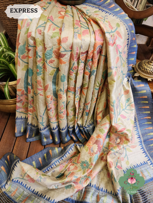 Zynah Beige/Blue Jute Linen Saree With Kantha Work; Custom Stitched/Ready-made Blouse, Fall, Petticoat; SKU: 1104202301