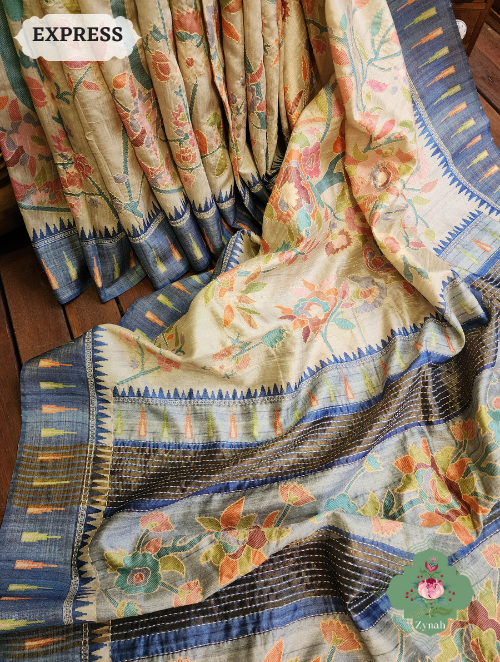 Zynah Beige/Blue Jute Linen Saree With Kantha Work; Custom Stitched/Ready-made Blouse, Fall, Petticoat; SKU: 1104202301