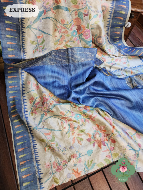 Zynah Beige/Blue Jute Linen Saree With Kantha Work; Custom Stitched/Ready-made Blouse, Fall, Petticoat; SKU: 1104202301