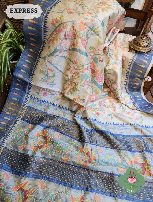Zynah Beige/Blue Jute Linen Saree With Kantha Work; Custom Stitched/Ready-made Blouse, Fall, Petticoat; SKU: 1104202301
