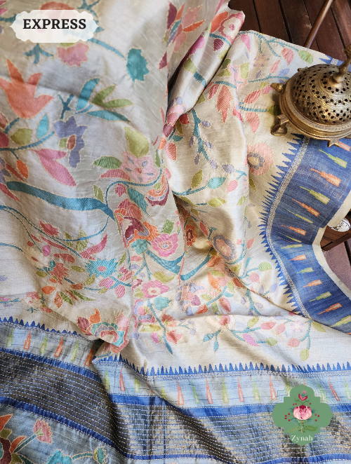 Zynah Beige/Blue Jute Linen Saree With Kantha Work; Custom Stitched/Ready-made Blouse, Fall, Petticoat; SKU: 1104202301