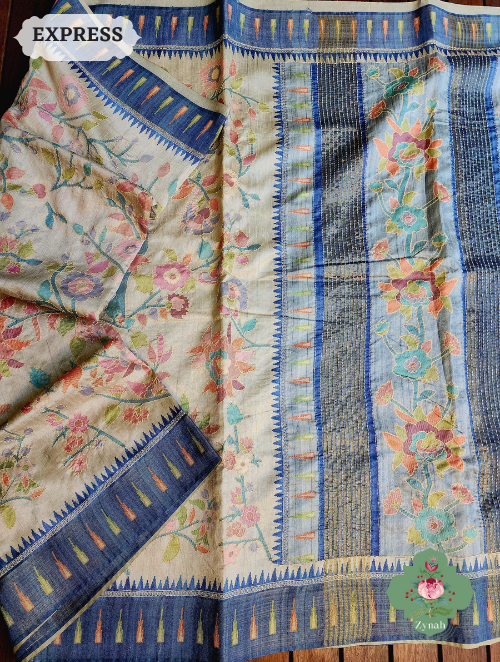 Zynah Beige/Blue Jute Linen Saree With Kantha Work; Custom Stitched/Ready-made Blouse, Fall, Petticoat; SKU: 1104202301