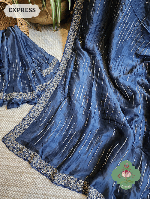 Zynah Blue Satin Organza Silk Saree With Cutdana, Sequins & Pearl Work ; Custom Stitched/Ready-made Blouse, Fall, Petticoat; SKU: 0703202301