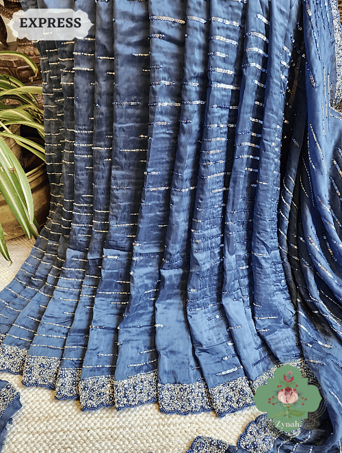 Zynah Blue Satin Organza Silk Saree With Cutdana, Sequins & Pearl Work ; Custom Stitched/Ready-made Blouse, Fall, Petticoat; SKU: 0703202301