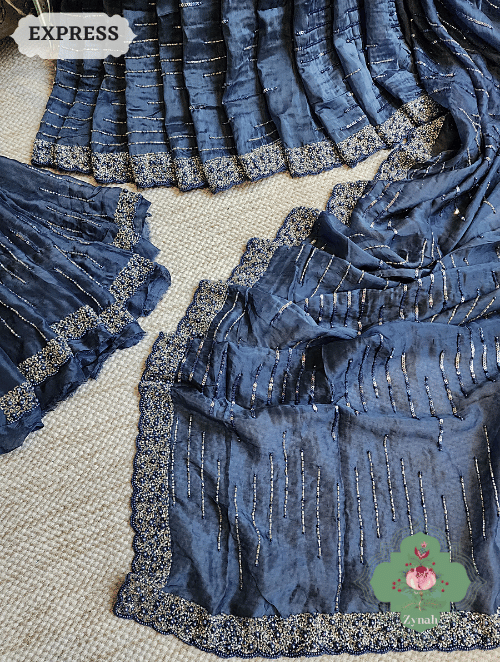 Zynah Blue Satin Organza Silk Saree With Cutdana, Sequins & Pearl Work ; Custom Stitched/Ready-made Blouse, Fall, Petticoat; SKU: 0703202301