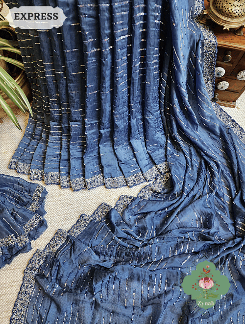 Zynah Blue Satin Organza Silk Saree With Cutdana, Sequins & Pearl Work ; Custom Stitched/Ready-made Blouse, Fall, Petticoat; SKU: 0703202301