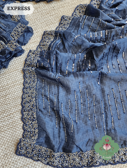 Zynah Blue Satin Organza Silk Saree With Cutdana, Sequins & Pearl Work ; Custom Stitched/Ready-made Blouse, Fall, Petticoat; SKU: 0703202301
