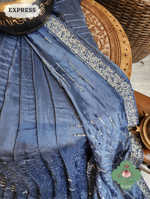 Zynah Blue Satin Organza Silk Saree With Cutdana, Sequins & Pearl Work ; Custom Stitched/Ready-made Blouse, Fall, Petticoat; SKU: 0703202301