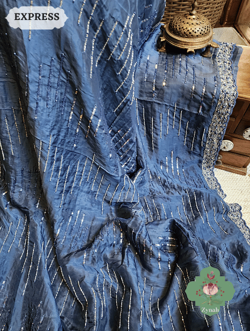 Zynah Blue Satin Organza Silk Saree With Cutdana, Sequins & Pearl Work ; Custom Stitched/Ready-made Blouse, Fall, Petticoat; SKU: 0703202301