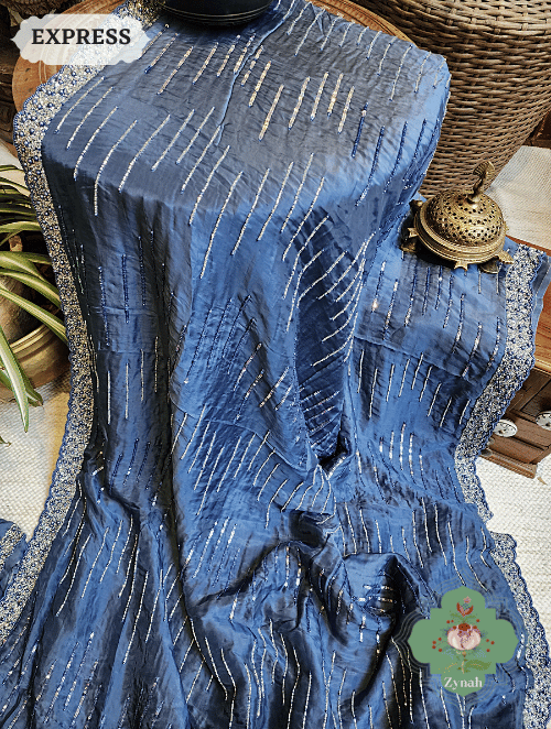 Zynah Blue Satin Organza Silk Saree With Cutdana, Sequins & Pearl Work ; Custom Stitched/Ready-made Blouse, Fall, Petticoat; SKU: 0703202301