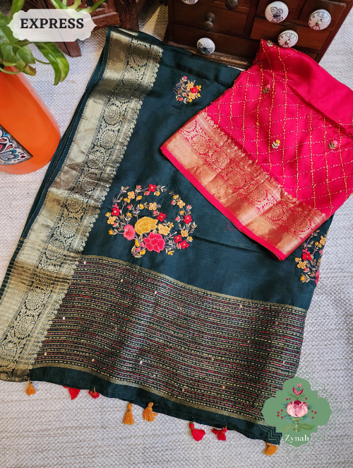 Zynah Bottle Green Munga Silk Saree With Zari Borders And Frenchknot & Kantha Embroidery; Custom Stitched/Ready-made Blouse, Fall, Petticoat; SKU: 1804202302
