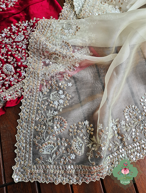 Zynah Cream Colour Pure Organza Silk Saree With Petal Shaped Silver Sequin Work, Pearl Beads & Cutdana Handwork; Custom Stitched/Ready-made Blouse, Fall, Petticoat; SKU: 1001202302