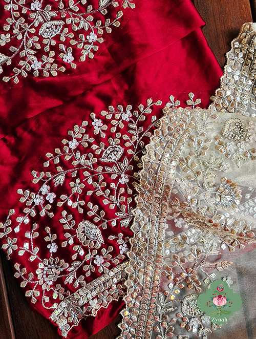 Zynah Cream Colour Pure Organza Silk Saree With Petal Shaped Silver Sequin Work, Pearl Beads & Cutdana Handwork; Custom Stitched/Ready-made Blouse, Fall, Petticoat; SKU: 1001202302