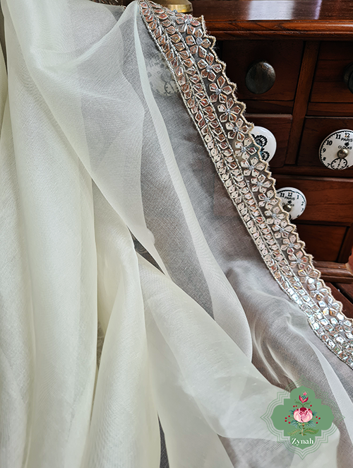 Zynah Cream Colour Pure Organza Silk Saree With Petal Shaped Silver Sequin Work, Pearl Beads & Cutdana Handwork; Custom Stitched/Ready-made Blouse, Fall, Petticoat; SKU: 1001202302
