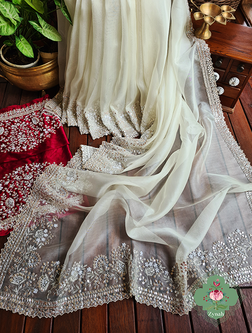 Zynah Cream Colour Pure Organza Silk Saree With Petal Shaped Silver Sequin Work, Pearl Beads & Cutdana Handwork; Custom Stitched/Ready-made Blouse, Fall, Petticoat; SKU: 1001202302