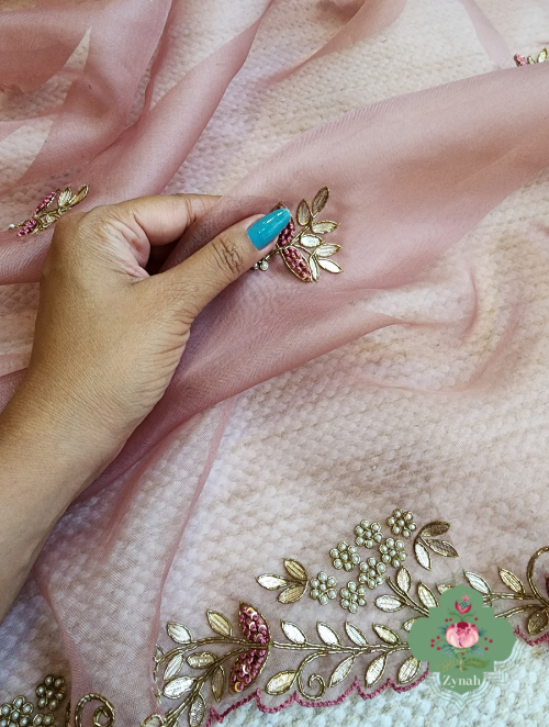 Zynah Dusty Pink Organza Saree With Gotta Patti, Cutdana & Thread Embroidery With Sequins Highlights; Custom Stitched/Ready-made Blouse, Fall, Petticoat; SKU: 1703202303