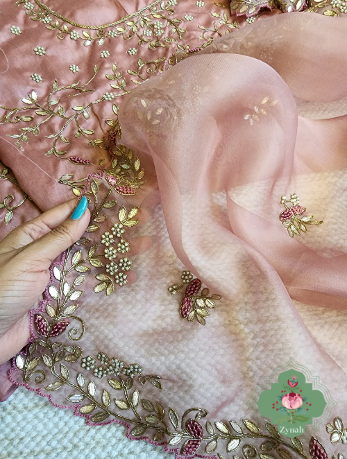 Zynah Dusty Pink Organza Saree With Gotta Patti, Cutdana & Thread Embroidery With Sequins Highlights; Custom Stitched/Ready-made Blouse, Fall, Petticoat; SKU: 1703202303