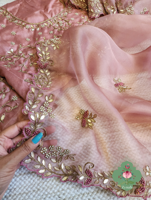 Zynah Dusty Pink Organza Saree With Gotta Patti, Cutdana & Thread Embroidery With Sequins Highlights; Custom Stitched/Ready-made Blouse, Fall, Petticoat; SKU: 1703202303