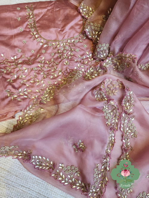 Zynah Dusty Pink Organza Saree With Gotta Patti, Cutdana & Thread Embroidery With Sequins Highlights; Custom Stitched/Ready-made Blouse, Fall, Petticoat; SKU: 1703202303