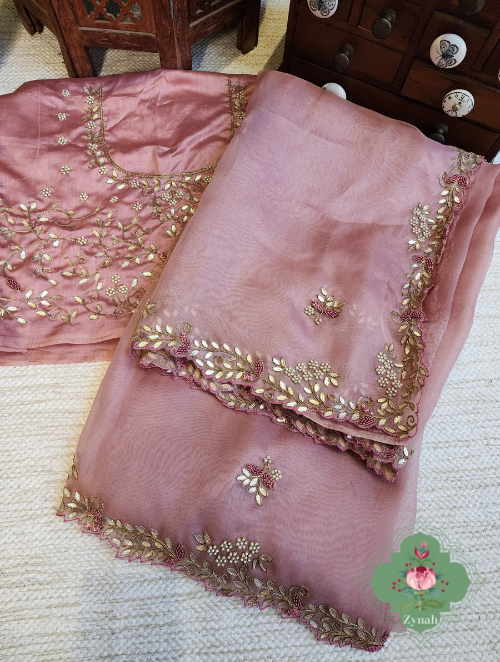 Zynah Dusty Pink Organza Saree With Gotta Patti, Cutdana & Thread Embroidery With Sequins Highlights; Custom Stitched/Ready-made Blouse, Fall, Petticoat; SKU: 1703202303