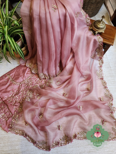 Dusty Pink Organza Saree with Gottapatti & Cutdana Embroidery, highlighted with Sequins - Perfect for any occasion.